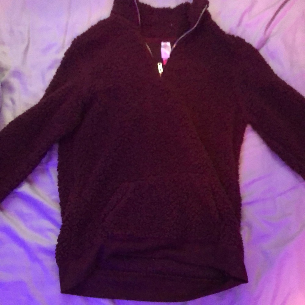 Fluffy burgundy jacket, brand:no boundaries.
